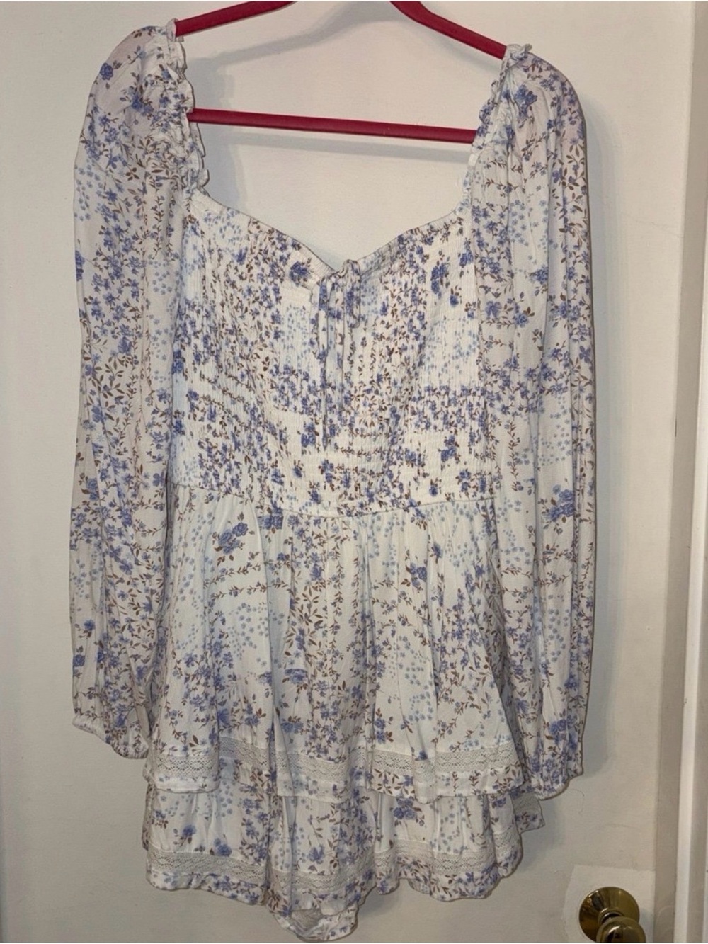 Smocked Floral Long-Sleeve Mini Romper in White and Blue